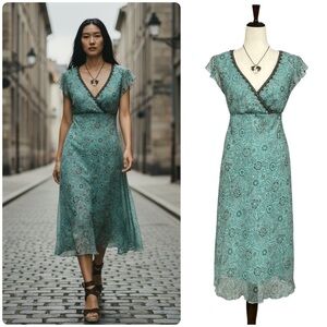 Vintage Y2K Dressbarn Teal Floral Midi Dress Empire Waist Boho Fairycore Size 10
